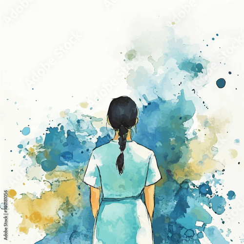 Watercolor illustration of a nurse from behind, symbolizing care and dedication in the medical field. Ideal for healthcare, mental health, or educational designs.