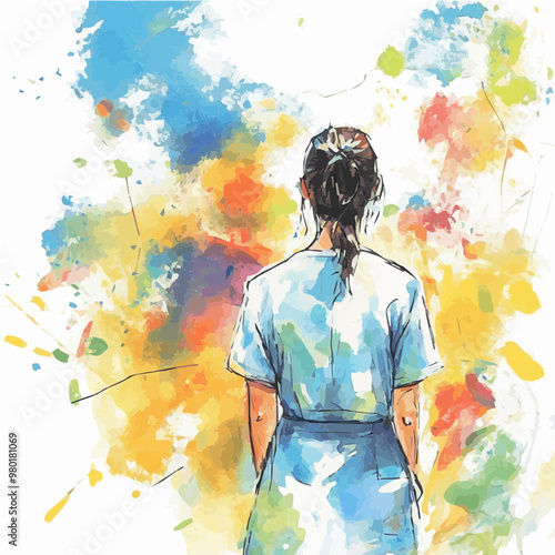 Vibrant watercolor nurse illustration with splashes of color, highlighting resilience and compassion in the healthcare sector. Great for medical posters or educational use.