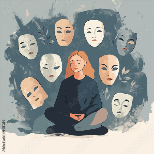 Flat illustration of a woman sitting cross-legged in meditation with multiple masks floating around. Perfect for introspection and self-discovery concepts.