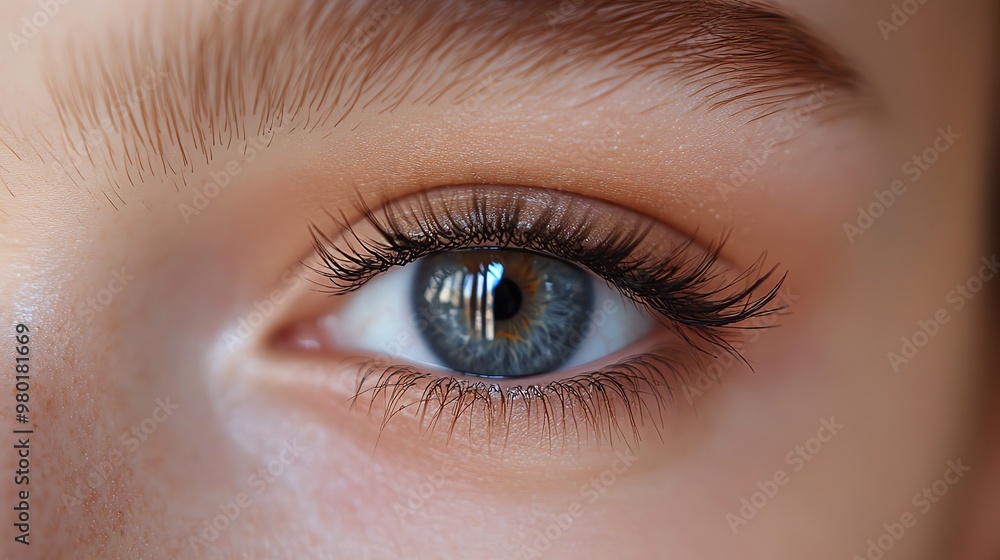 Close-up of a beautiful blue eye with natural eyelashes. Close-up of a beautiful blue eye with natural eyelashes.