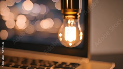 Wallpaper Mural A closeup of a laptop and a glowing light bulb. Self-study knowledge or education and business learning concepts Torontodigital.ca