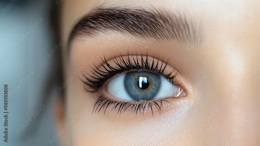 Close-up of a woman's blue eye with long eyelashes. Close-up of a woman's blue eye with long eyelashes.