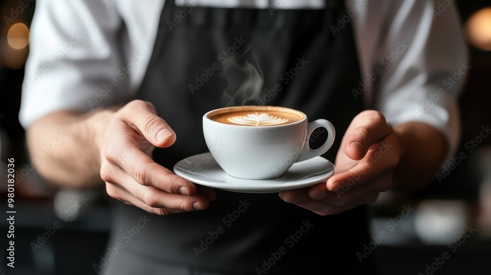Waiter Offering Coffee in Black Apron. Waiter Offering Coffee in Black Apron.