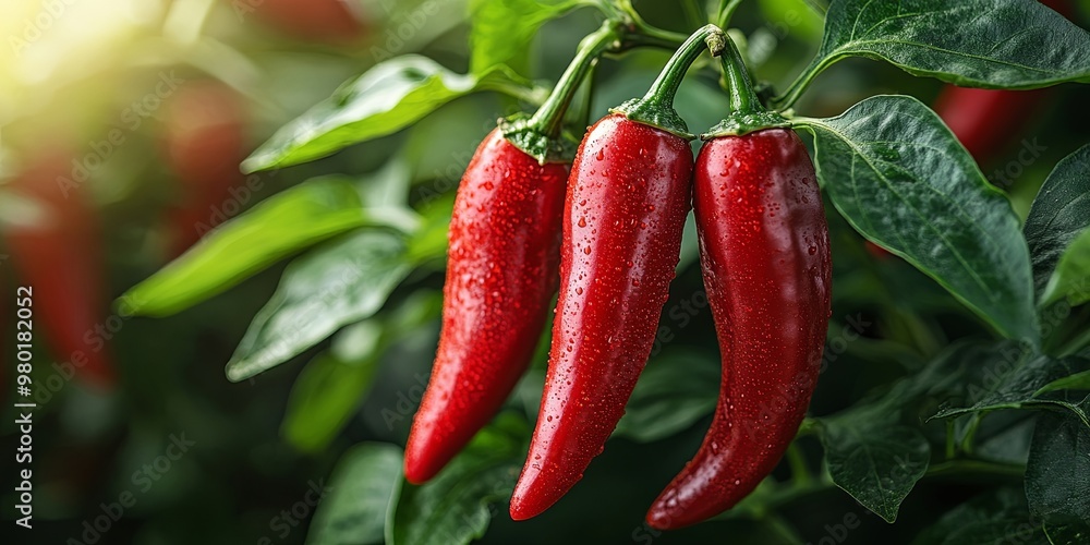 Vibrant red chili pepper growing on a lush green branch in a vegetable greenhouse setting Vibrant red chili pepper growing on a lush green branch in a vegetable greenhouse setting