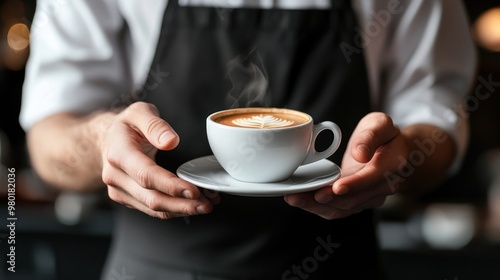 Waiter Offering Coffee in Black Apron.