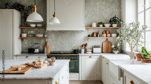 Classic French kitchen with vintage-inspired wallpaper, marble countertops, and brass hardware