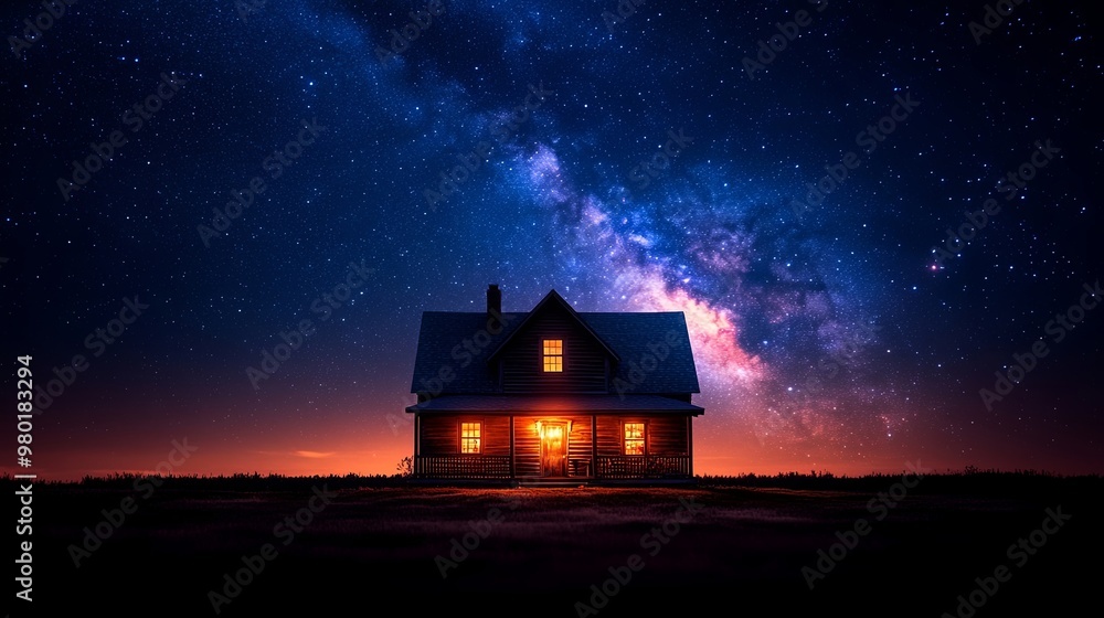 Rustic wooden house under starry Milky Way sky in tranquil countryside night scene Rustic wooden house under starry Milky Way sky in tranquil countryside night scene