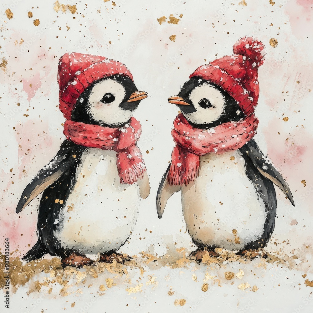 Adorable penguins in Christmas hats and scarves Adorable penguins in Christmas hats and scarves