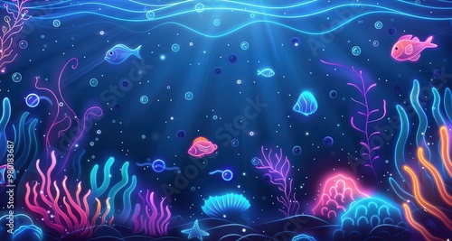 Neon ocean waves and marine life inspired abstract background photo