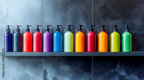 neatly arranged row of colorful shampoo bottles on a sleek bathroom shelf photo