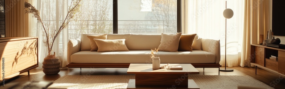 A minimalist living room with natural light, featuring a sofa, coffee table, and decor. A minimalist living room with natural light, featuring a sofa, coffee table, and decor.