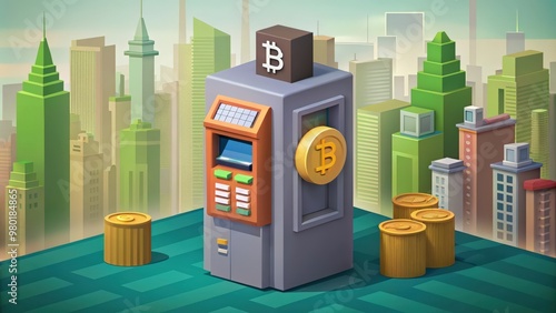 Bitcoin ATM in a Cityscape with Golden Coins photo