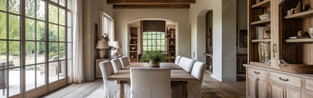 A spacious dining area with a wooden table, chairs, and large windows overlooking greenery. A spacious dining area with a wooden table, chairs, and large windows overlooking greenery.