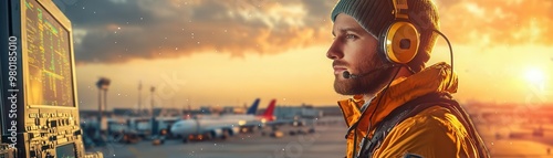 Air traffic controller at sunset with planes in the background. photo