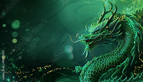 Majestic green dragon emerges from the darkness with glowing eyes photo