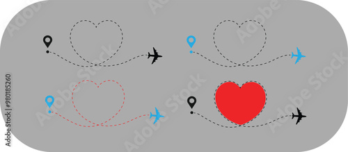 Love travel route icon. Heart airplane travel route line for romantic journey,  Airplane line path vector illustration EPS 10