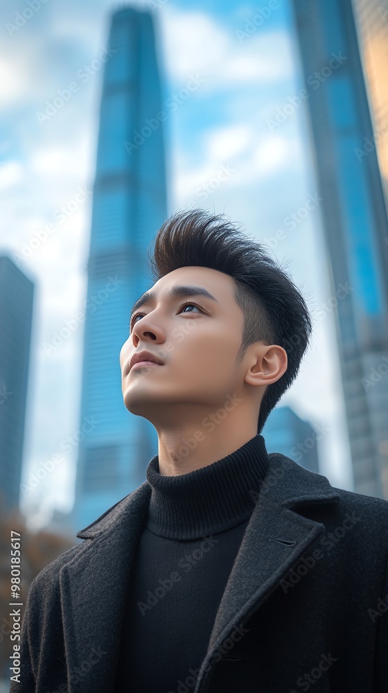 Young man in a black coat and turtleneck looks up towards a tall building. Young man in a black coat and turtleneck looks up towards a tall building.