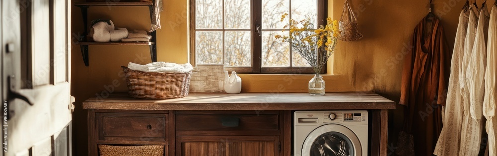 Cozy laundry room with wooden surfaces, a washing machine, and natural light. Cozy laundry room with wooden surfaces, a washing machine, and natural light.