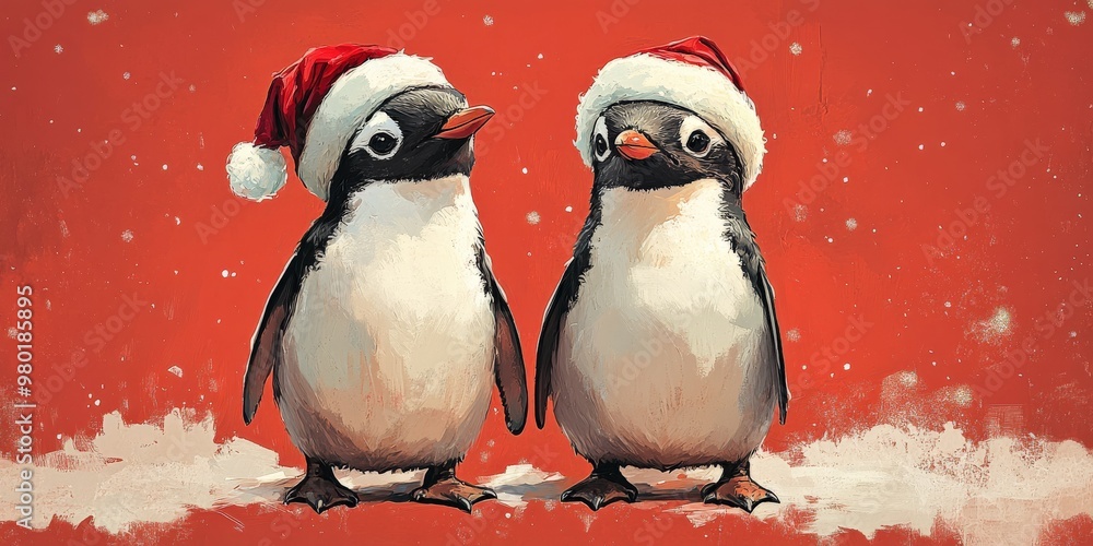 Adorable penguins in Christmas hats and scarves Adorable penguins in Christmas hats and scarves