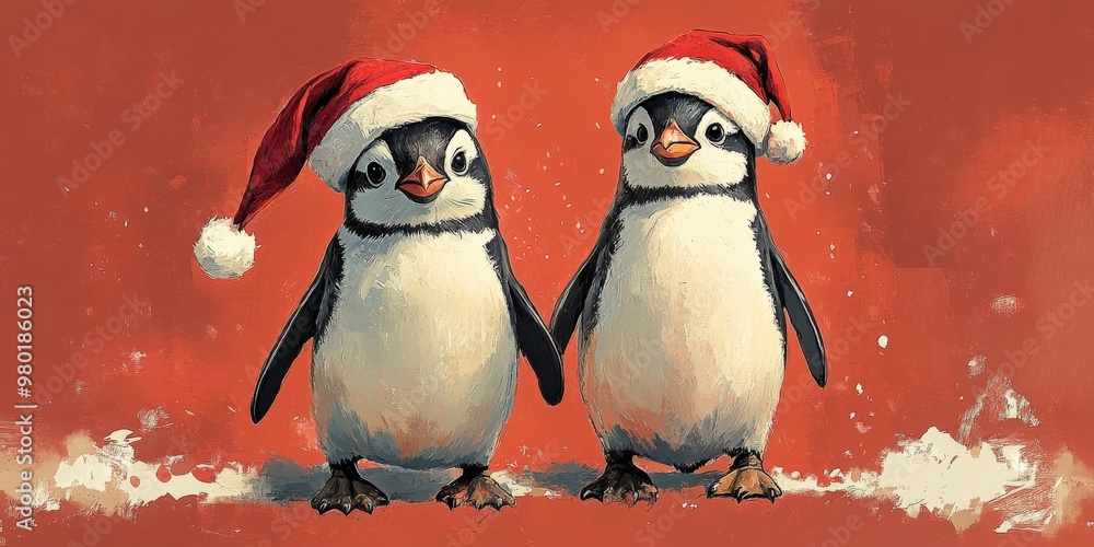 Adorable penguins in Christmas hats and scarves Adorable penguins in Christmas hats and scarves