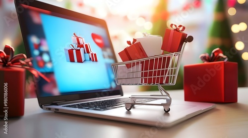 Holiday online shopping scene with a laptop screen showcasing festive discounts and special deals, surrounded by Christmas presents, capturing the essence of digital consumerism during photo