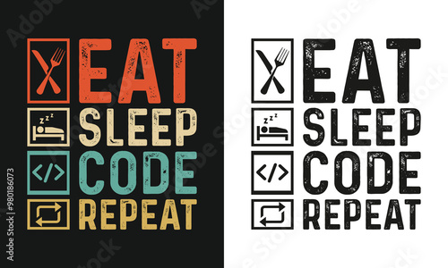 Code t-shirt design. Eat sleep code repeat t-shirt design. coder retro t shirt design. coding t shirt designs, eat sleep repeat design, Print for posters, clothes, advertising
