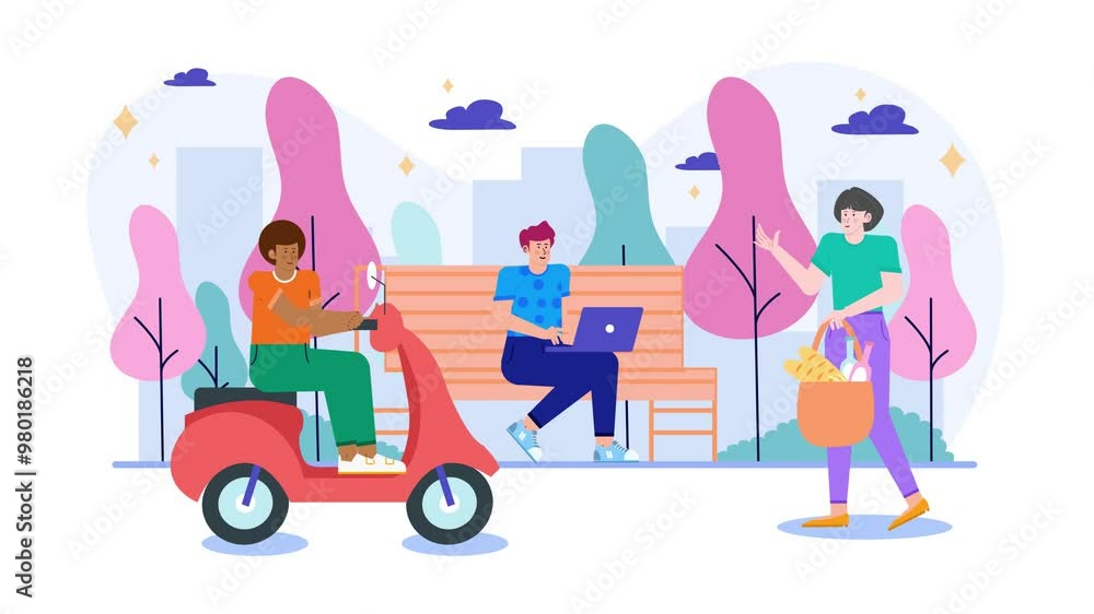 people enjoying a park scene with activities like riding a scooter working on a laptop and carrying groceries animated video people enjoying a park scene with activities like riding a scooter working on a laptop and carrying groceries animated video