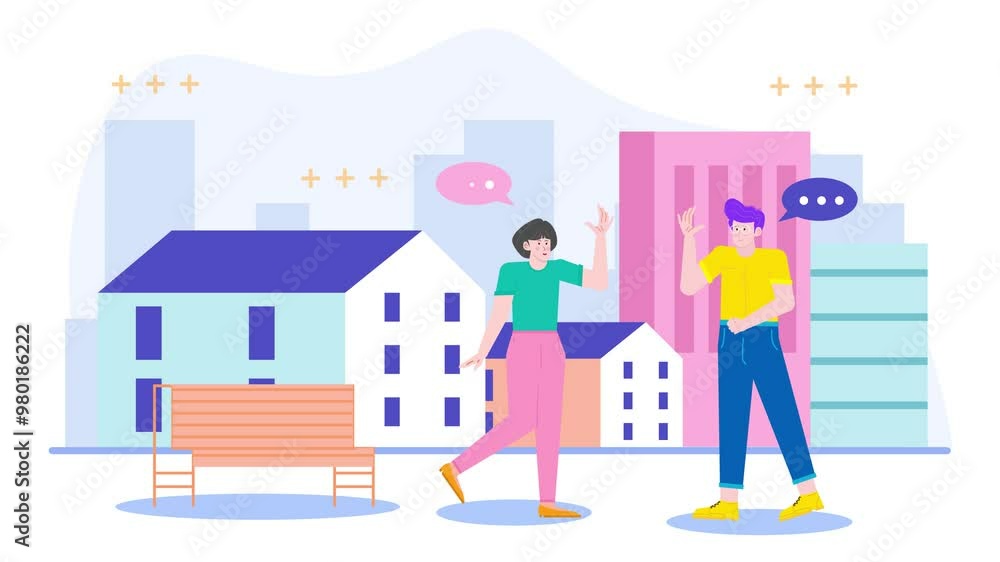 Colorful animation of two characters having a friendly conversation in a vibrant urban setting animated video Colorful animation of two characters having a friendly conversation in a vibrant urban setting animated video