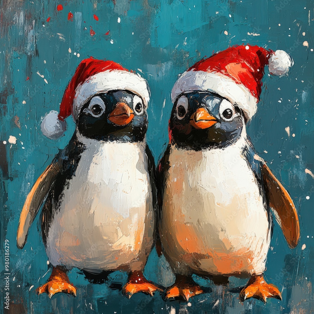 Fototapeta premium Adorable penguins in Christmas hats and scarves