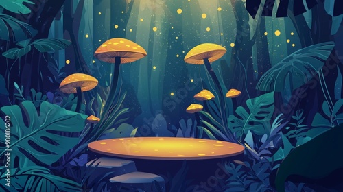 Enchanted forest scene with glowing mushrooms and fireflies, creating a magical atmosphere in a lush, green woodland at twilight.
