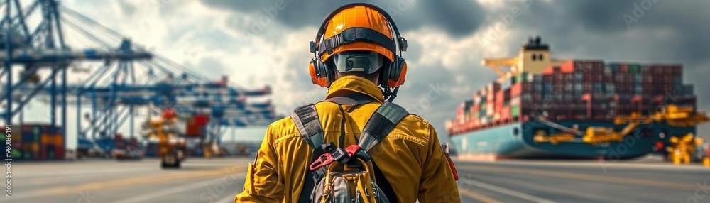 A worker in a yellow safety suit and helmet stands near a cargo ship in a port. A worker in a yellow safety suit and helmet stands near a cargo ship in a port.