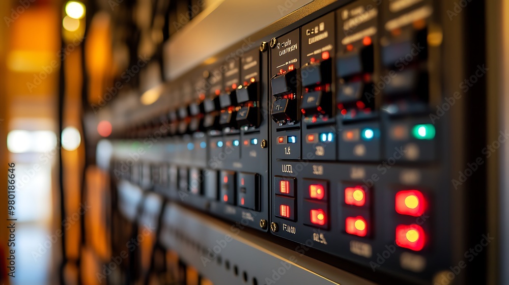 A lighting control panel with dimming and energy-saving settings, used to manage illumination levels throughout the facility. A lighting control panel with dimming and energy-saving settings, used to manage illumination levels throughout the facility.