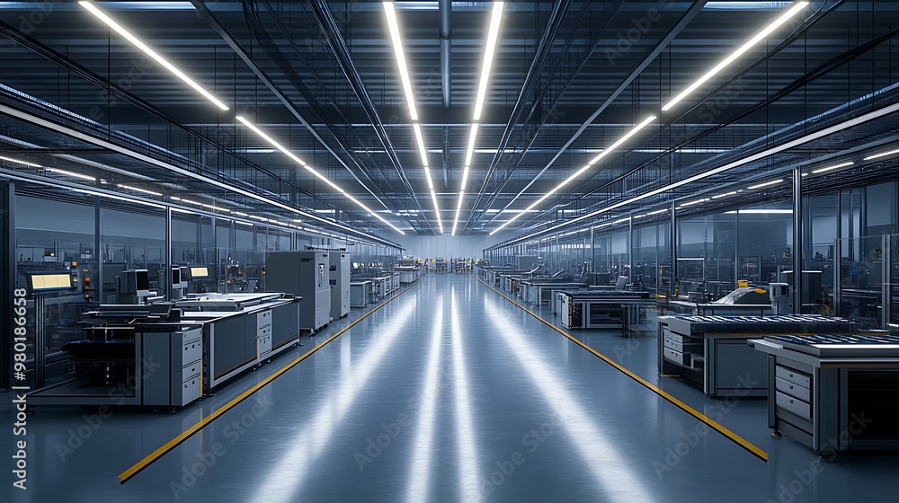 Fototapeta premium A well-lit assembly line with adjustable task lighting focused on precise workstations.