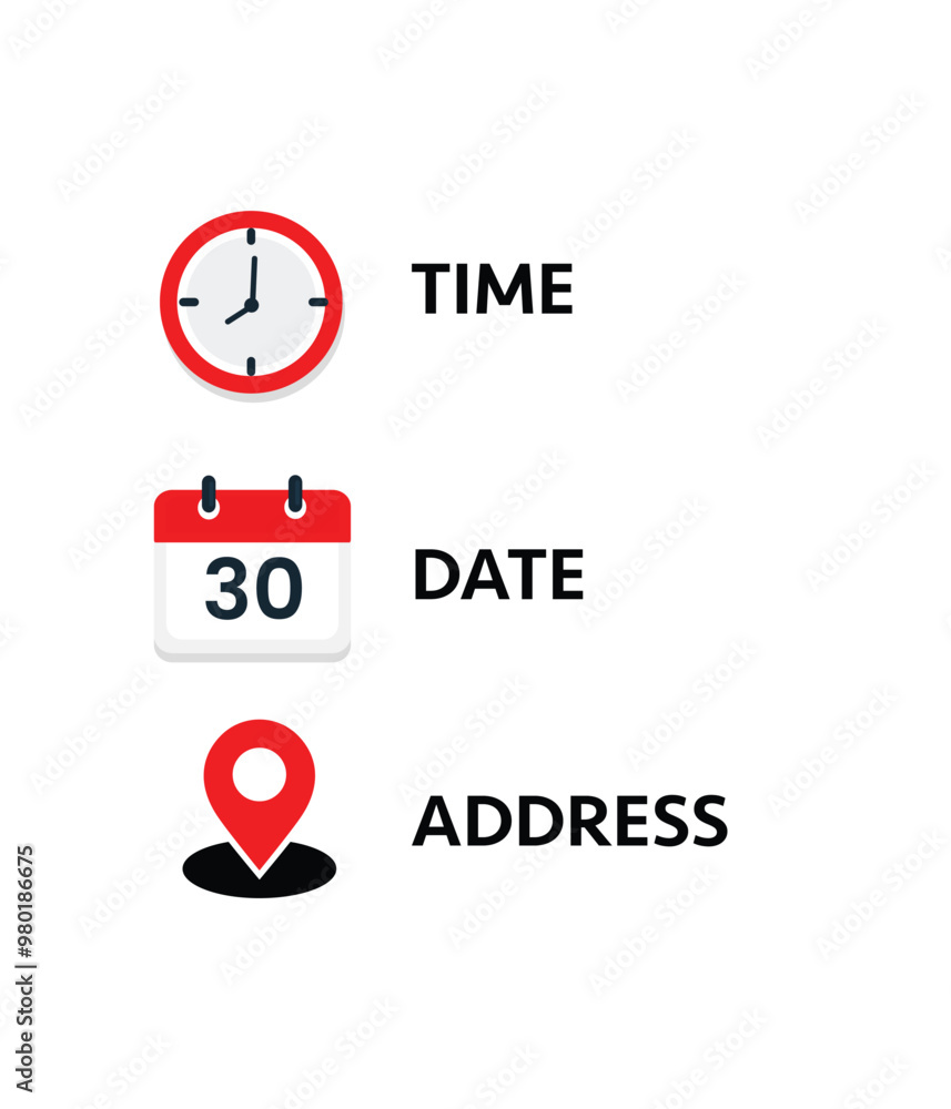 Set of Time, date and address icon set. Clock, calendar, location pin. Isolated on white background. Vector illustration. Set of Time, date and address icon set. Clock, calendar, location pin. Isolated on white background. Vector illustration.