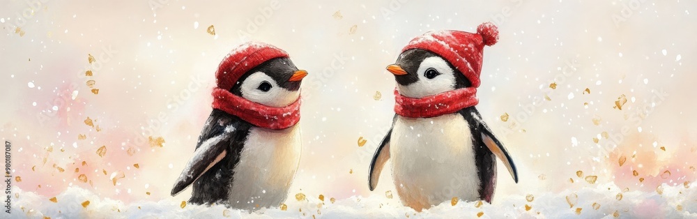 Adorable penguins in Christmas hats and scarves Adorable penguins in Christmas hats and scarves