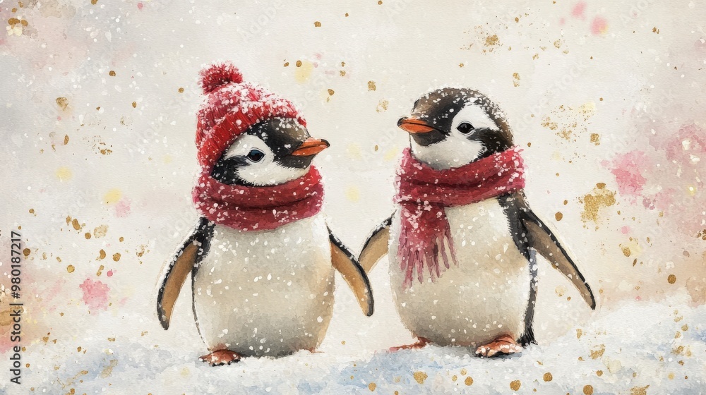 Adorable penguins in Christmas hats and scarves Adorable penguins in Christmas hats and scarves