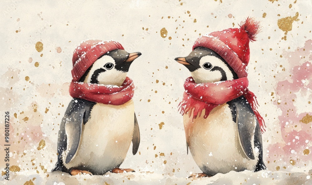 Adorable penguins in Christmas hats and scarves Adorable penguins in Christmas hats and scarves