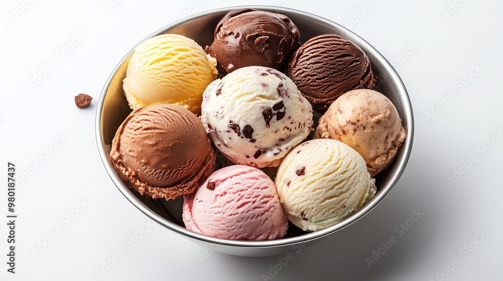 A bowl filled with various flavors of ice cream, including chocolate, vanilla, strawberry and chocolate chip. A bowl filled with various flavors of ice cream, including chocolate, vanilla, strawberry and chocolate chip.