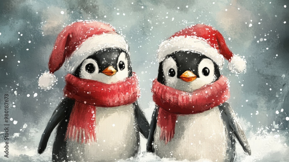 Adorable penguins in Christmas hats and scarves Adorable penguins in Christmas hats and scarves