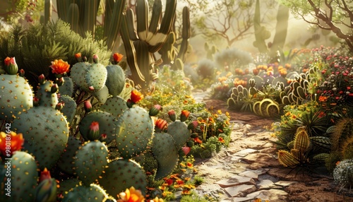 Vibrant desert garden pathway adorned with cacti and colorful flowers in the warm morning light photo