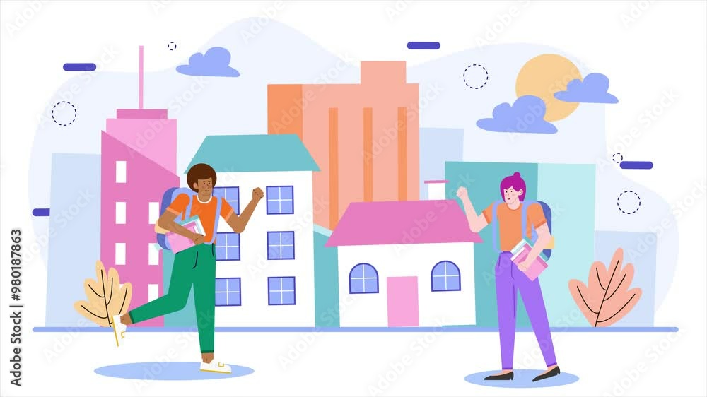 friends walking through a colorful urban landscape carrying bags and books illustration animated video friends walking through a colorful urban landscape carrying bags and books illustration animated video