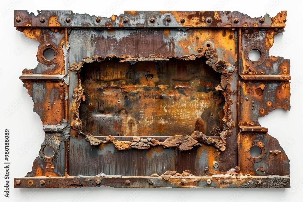 Hole in a metal wall, industrial interior behind, steampunk style, isolated on white background Hole in a metal wall, industrial interior behind, steampunk style, isolated on white background