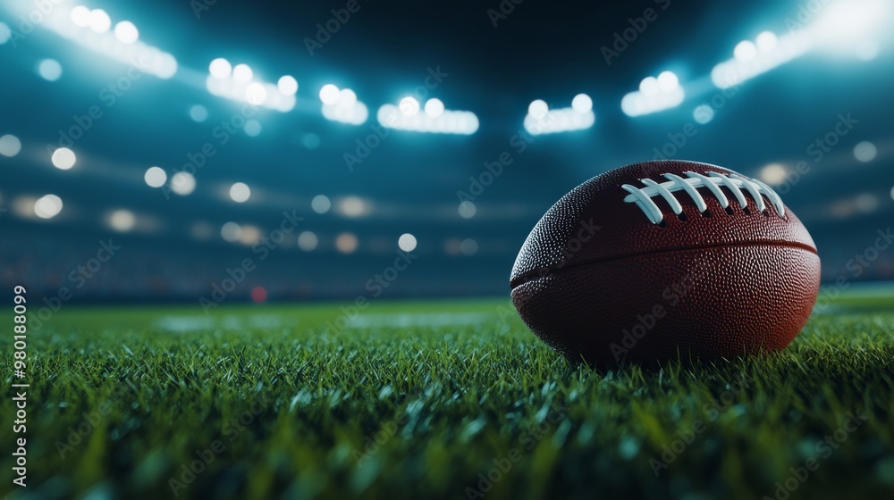 Close-up of a football lying on the grass at the start of the game, ready for the opening play, with bright stadium lights overhead. Close-up of a football lying on the grass at the start of the game, ready for the opening play, with bright stadium lights overhead.