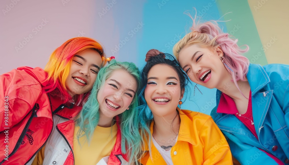 Four diverse women with vibrant hair colors and stylish outfits smile brightly against a rainbow background Four diverse women with vibrant hair colors and stylish outfits smile brightly against a rainbow background