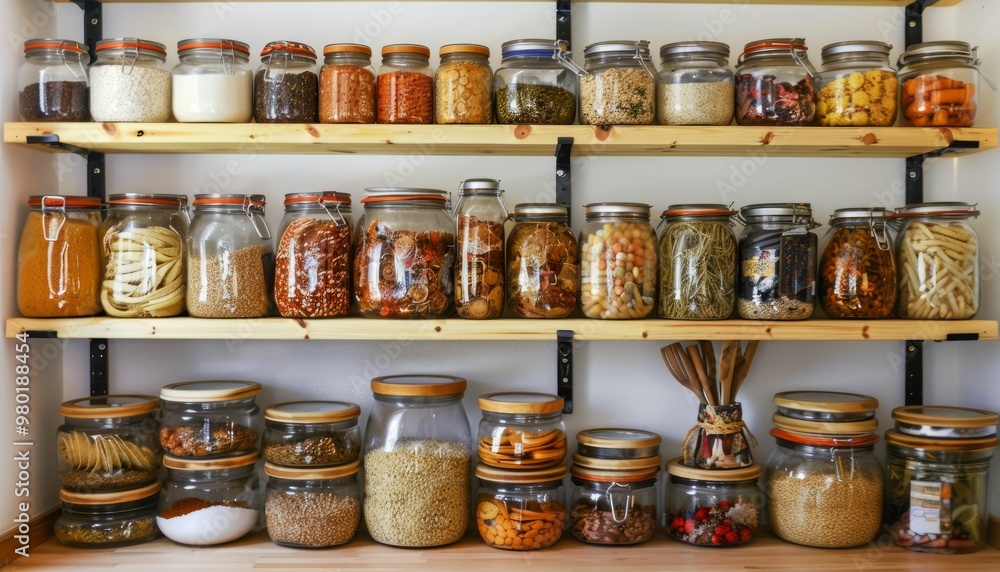 Glass jars filled with various food items on wooden shelves in a pantry Glass jars filled with various food items on wooden shelves in a pantry