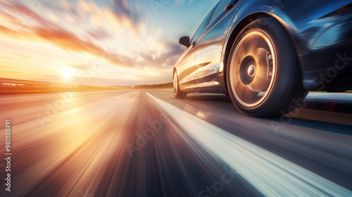Lone car driving on deserted highway at sunset, road stretching into horizon with golden light reflecting off hood, sharp silhouette against vibrant sky, emphasizing solitude and freedom