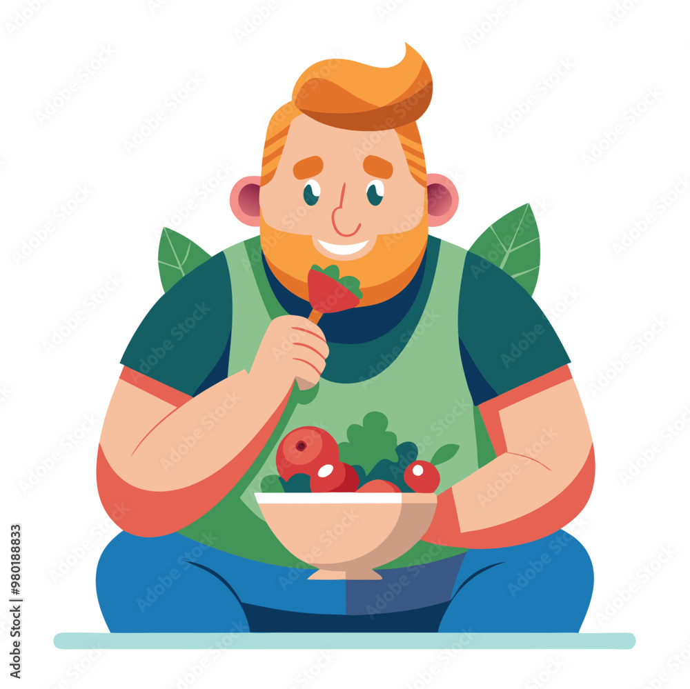 Overweight man eating a salad embracing a healthy lifestyle Overweight man eating a salad embracing a healthy lifestyle