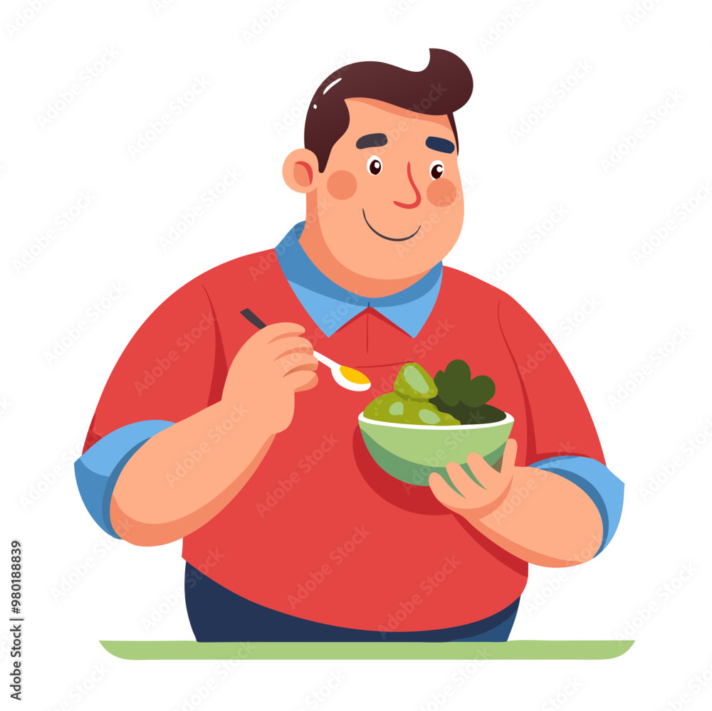 Overweight man eating a salad embracing a healthy lifestyle Overweight man eating a salad embracing a healthy lifestyle