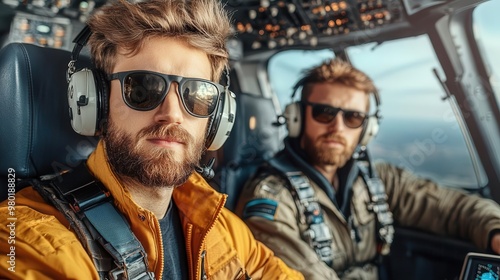 Two men in a helicopter wearing sunglasses and headsets looking at the camera.