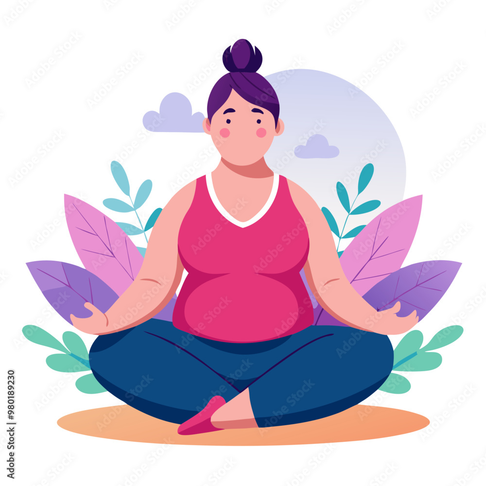 Obese woman practicing meditation in peaceful pose promoting mindfulness and mental well-being. Obese woman practicing meditation in peaceful pose promoting mindfulness and mental well-being.